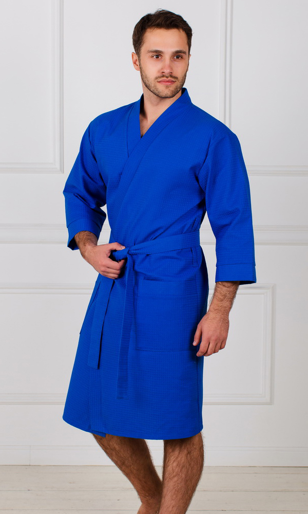 Ярко-синий короткий мужской вафельный халат
